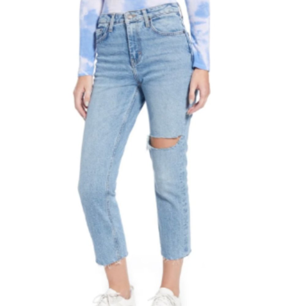 Topshop Ripped Straight Leg Raw Hem Jeans W25 L30